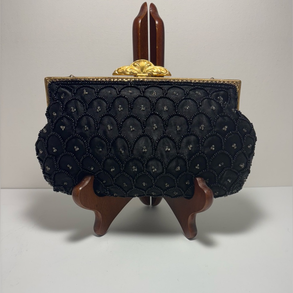 Vintage Small Evening Black Beaded Embroidered Clutch with Gold Tone Trims Bag